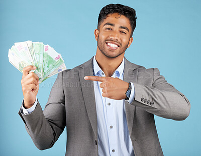 Buy stock photo Man, cash and hand in portrait at studio for winning, success and profit with smile, prize or investment, Happy businessman, money and winner with happiness, rich or celebration from betting game