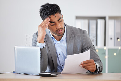 Buy stock photo Businessman, laptop and stress with budget, paper and headache. for anxiety, headache and burnout in office. Corporate man, worker and mental health, debt and frustrated with report, mistake or tired