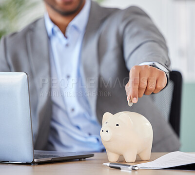 Buy stock photo Piggy bank, savings and businessman with a coin for his investment budget planning for inflation crisis. Accounting, growth and hands of financial manager investing change with money management goals