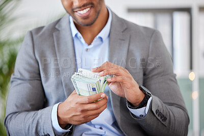 Buy stock photo Hands, money and finance with a business man counting cash while accounting or banking in his office. Financial, investment and loan with a male employee working as an economy accountant for profit