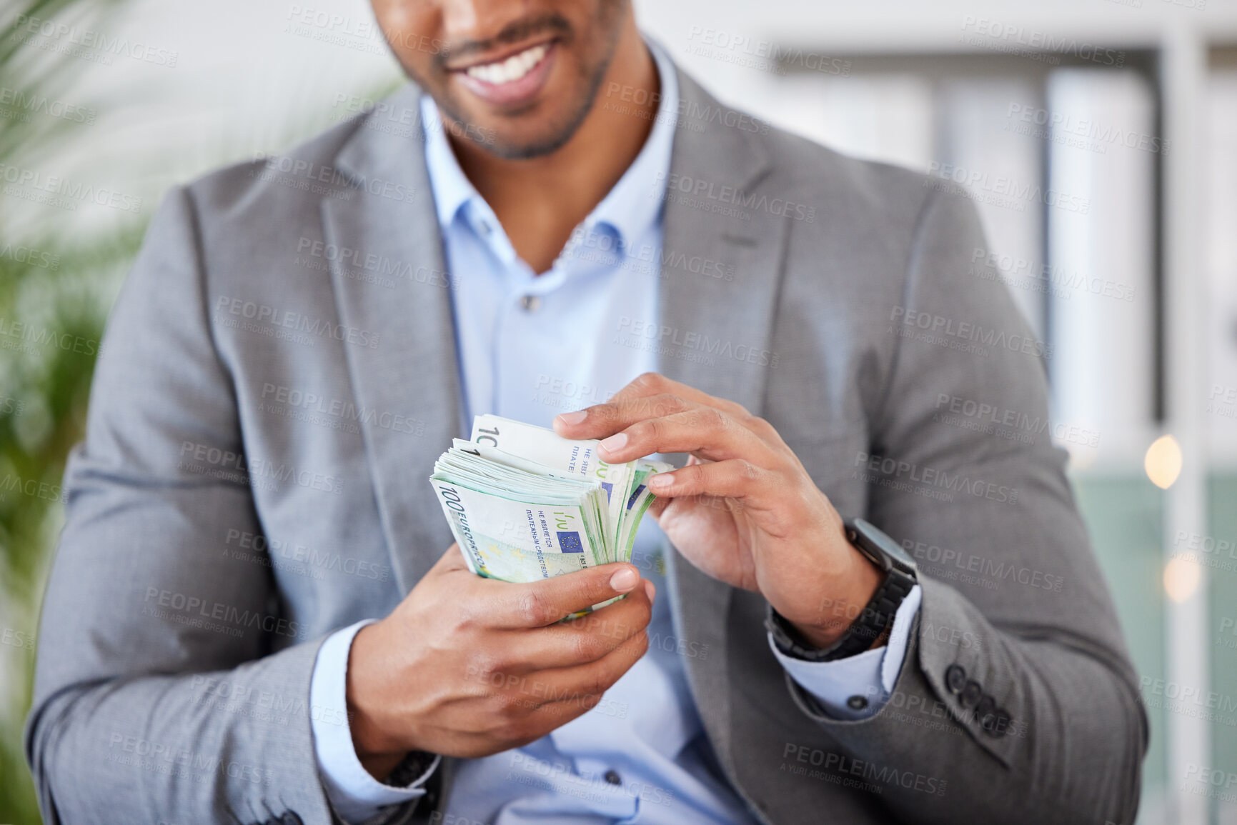 Buy stock photo Hands, money and finance with a business man counting cash while accounting or banking in his office. Financial, investment and loan with a male employee working as an economy accountant for profit