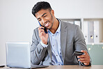 Business man, credit card and phone call for banking, ecommerce and payment for online shopping with laptop for finance work. Corporate leader talking on smartphone about fintech or investment