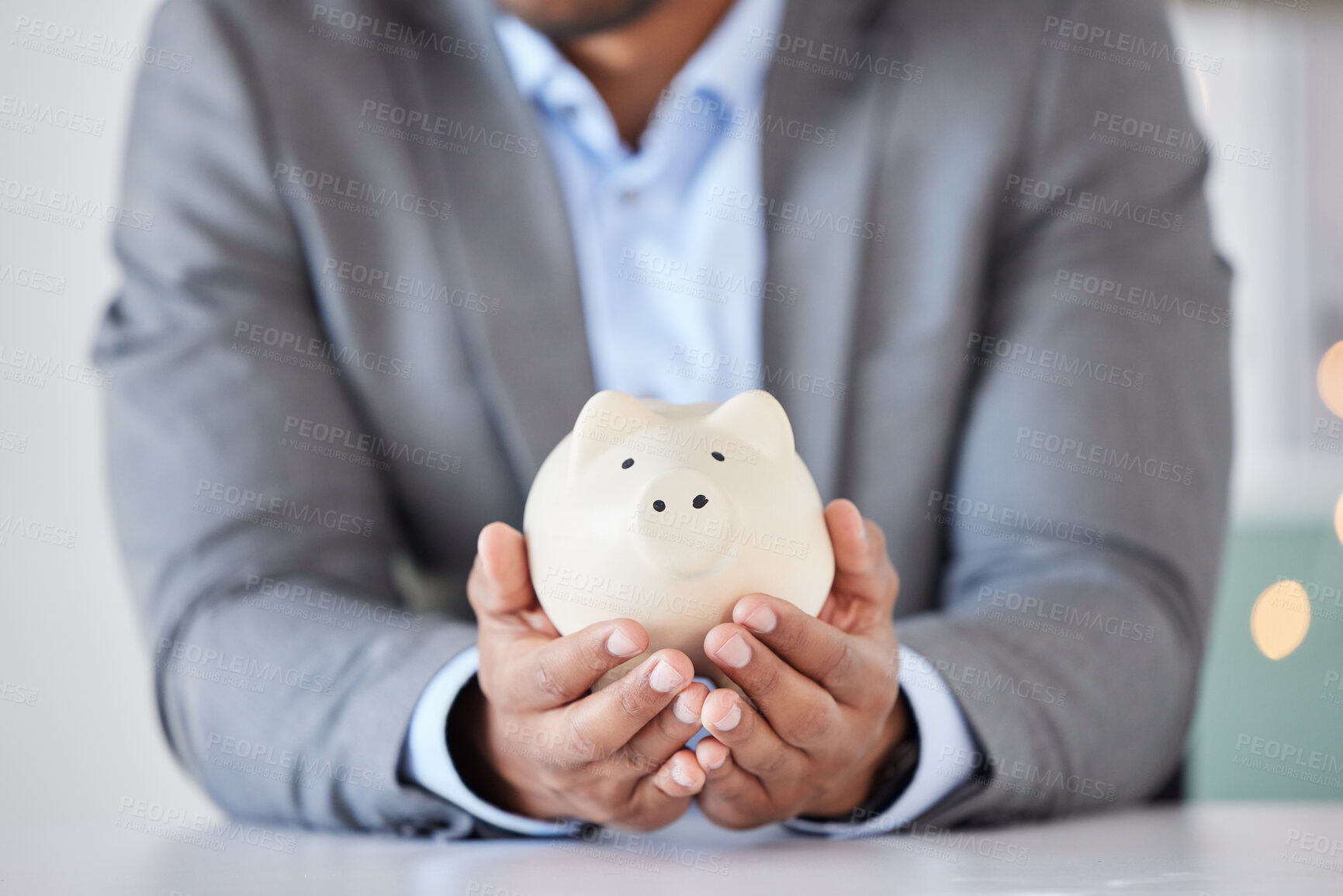 Buy stock photo Businessman, hands and piggybank for financial savings, investment or budget planning for insurance or startup. Hand in banking, finance or profit growth for investing strategy or funding on mockup