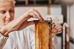 Beekeeper, honey and frame with manufacturing, production and working in a factory, workshop and bee farm. Agriculture worker, process honeycomb and farming natural resource in warehouse with farmer