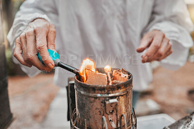 Buy stock photo Hands, fire and beekeeping with a woman farmer using a smoker in the production of honey in the countryside. Agriculture, farm and sustainability with a female beekeeper working with a fogging tool