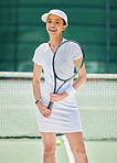 Fitness, tennis and portrait of woman on tennis court for healthcare training or wellness workout. Sports lifestyle motivation, healthy exercise and professional athlete outdoors for competition