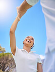 High five, teamwork and fitness training success for healthcare workout or sports exercise outdoor. Team celebration, support and winner partnership, team building motivation or goal collaboration