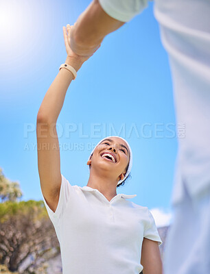 Buy stock photo High five, teamwork and fitness training success for healthcare workout or sports exercise outdoor. Team celebration, support and winner partnership, team building motivation or goal collaboration