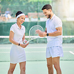 Tennis, start and couple with a racket on court for training, game and sports date. Fitness, happy and man and woman with a smile for sport, exercise and fun workout for quality time in summer