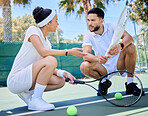 Tennis, planning and couple talking about training, motivation and workout for health on an outdoor court. Fitness, exercise and man and woman talking about a strategy for a game of sports together