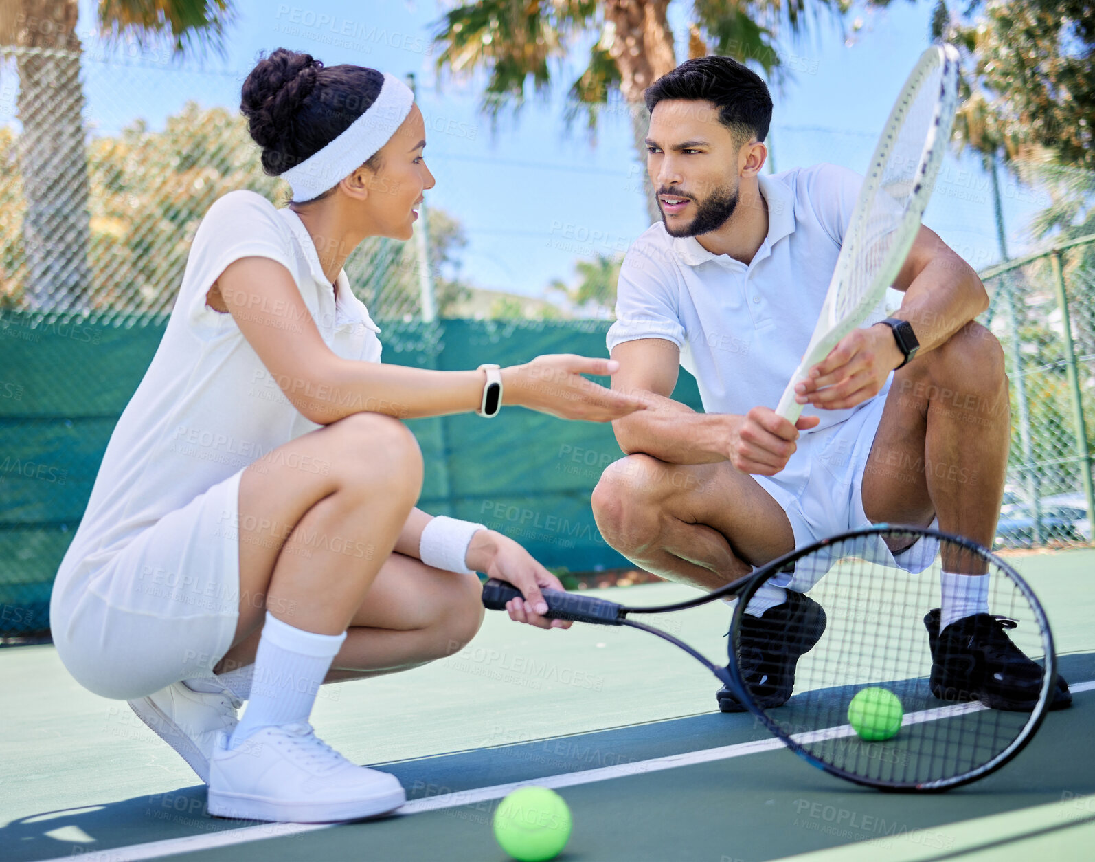 Buy stock photo Tennis, planning and couple talking about training, motivation and workout for health on an outdoor court. Fitness, exercise and man and woman talking about a strategy for a game of sports together