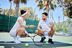 Sports, fitness and tennis team talking, speaking and planning game plan, winning strategy or teamwork discussion. Collaboration, communication and athlete tennis player on court for fitness exercise