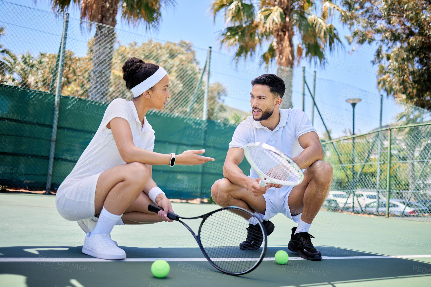 Buy stock photo Sports, fitness and tennis team talking, speaking and planning game plan, winning strategy or teamwork discussion. Collaboration, communication and athlete tennis player on court for fitness exercise