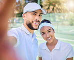 Selfie, tennis and sports with a couple on a court to take a photograph after their training or game. Portrait, fitness and sport with a man and woman tennis player posing for a picture together