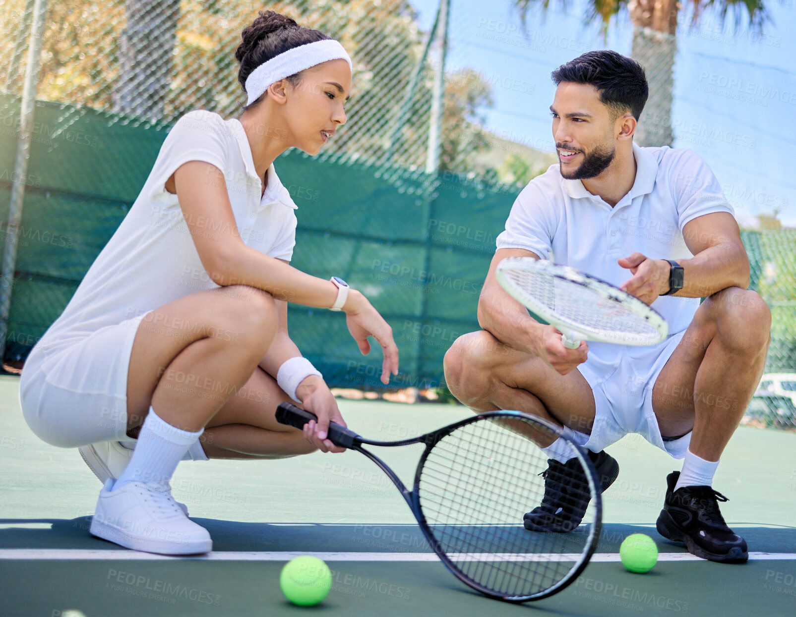 Buy stock photo Tennis, court and team relax for fitness healthcare, sports training and collaboration workout outdoor. Teamwork, exercise rest and health motivation discussion before sport game together in park