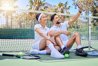 Buy stock photo Man, woman or phone selfie on tennis court in fitness game, workout match or competition challenge training. Smile, happy or tennis team, friends or fitness people on social media mobile photography