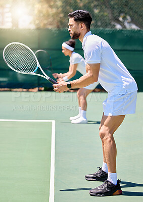 Buy stock photo Fitness, teamwork and couple in a tennis partnership for a doubles workout game or training match in summer. Wellness, focus and healthy man playing on a tennis court outdoors with a sports partner