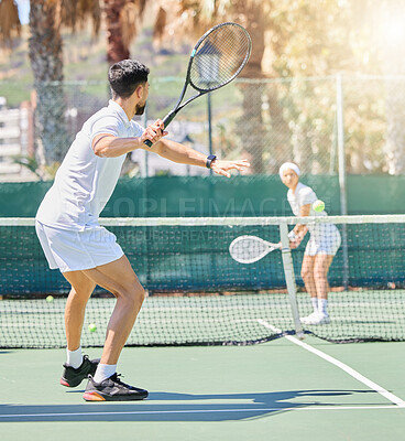 Buy stock photo Tennis, man and woman training for fitness as a couple outdoors in a game or practice match in summer. Wellness, focus and healthy person playing sports on a tennis court in a workout or exercise