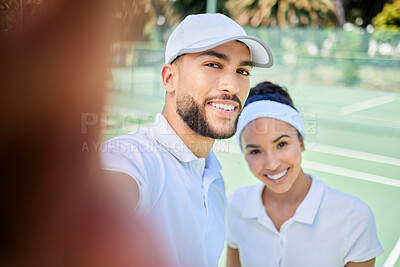 Buy stock photo Tennis, portrait and couple take a selfie for a social media post on a social network app on a tennis court. Faces, fitness and happy woman with a smile enjoys training or workout with sportsman