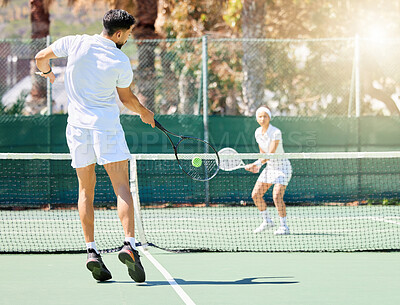 Buy stock photo Tennis game, team sports and training for healthcare motivation or exercise workout outdoor. Professional athlete, teamwork collaboration and cardio competition together for fitness on tennis court
