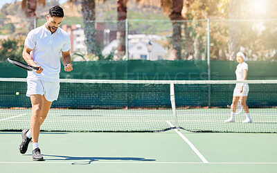 Buy stock photo Tennis, celebration and man playing a game to win on an outdoor court for practice, exercise and fitness. Sports, motivation and healthy male athlete training for a match or workout on a sport field.