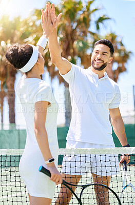 Buy stock photo Tennis, friends and high five for sports game, exercise or workout together on the tennis court. Man and woman tennis player touch hands with smile in sport fitness for fun friendly match outdoors