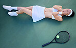 Top view, tennis court and tennis woman rest on ground with head in hands from sports fitness workout, game training and athletic workout. Tennis racket, tennis ball and tired athlete after exercise 