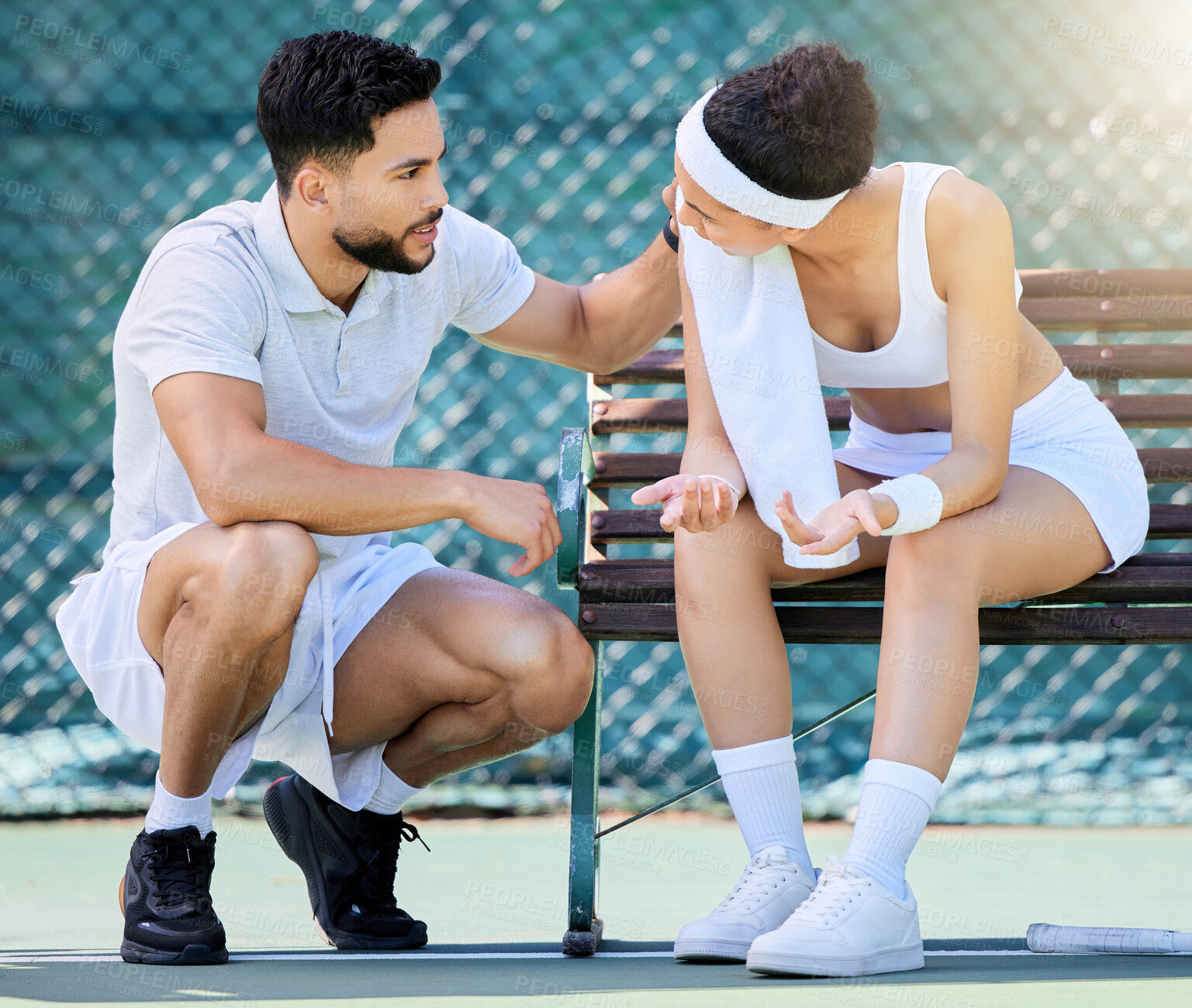 Buy stock photo Tennis coach, man talking and woman athlete for motivation on tennis court, inspire and discuss tips for tired fitness, sports exercise and sport training. Coaching, match workout and game strategy 
