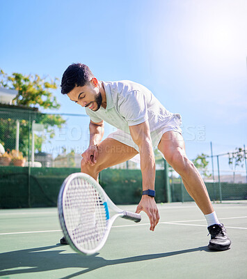 Buy stock photo Sports, tennis and leg injury on court after training, game or match. Tennis player, healthcare and male athlete drop racket with injured knee, muscle pain or inflammation after workout or exercise.
