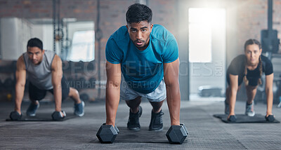 Buy stock photo Group exercise in gym, people training body with focus mindset and sweat in cross fit class together. Healthy lifestyle in fitness club, floor workout with personal trainer and challenge energy