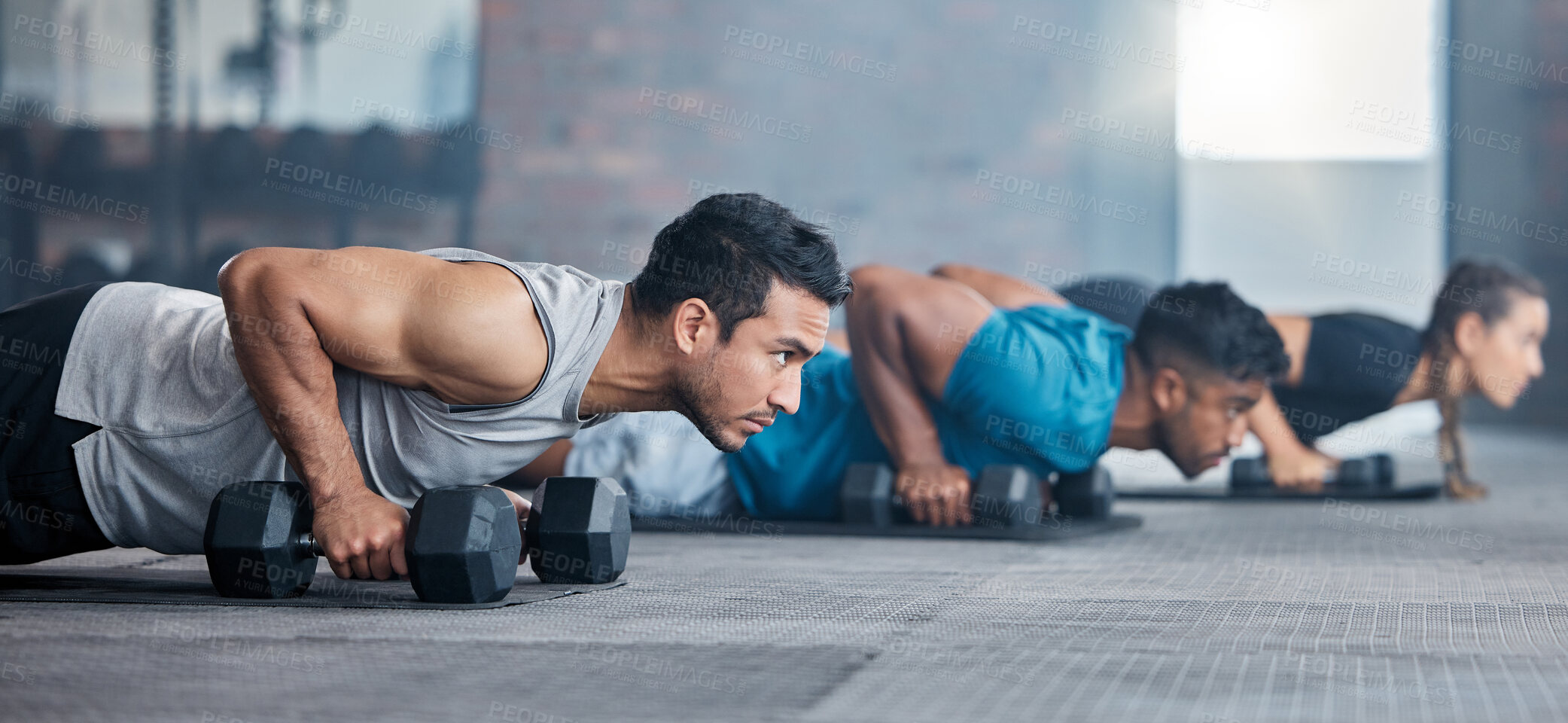 Buy stock photo Men, woman and dumbbells in gym workout, training and fitness exercise for health wellness, strong biceps or abs muscles. Personal trainer, coach or weightlifting class friends with motivation goals