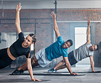 Fitness, team and stretching arms for workout, exercise or training together with smile at the gym. Active people in a sports class for warm up stretch, arm and body balance in healthy wellness