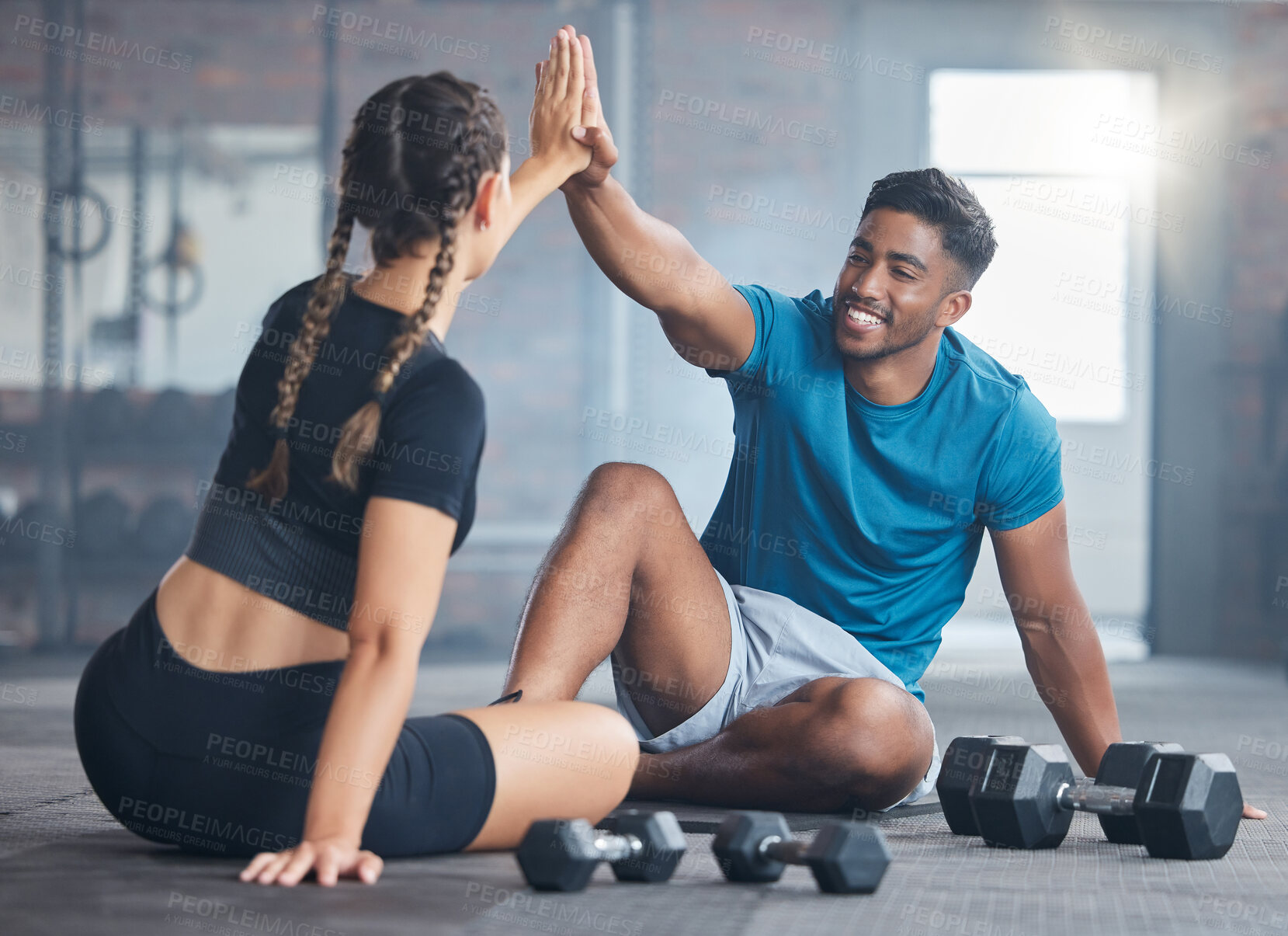 Buy stock photo Fitness couple, high five and personal trainer with woman client to celebrate achievement, success and goal after exercise. Man and woman together at gym for partnership, health and wellness workout
