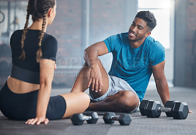 Buy stock photo Happy couple, fitness and exercise with personal trainer and client talking about wellness, health and workout plan on gym floor. Happy indian man and woman together for training and motivation