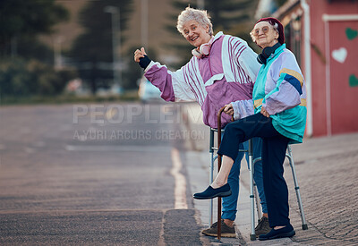 Buy stock photo Hand, thumbs up and senior women with disability in a road for travel, fun and waiting for taxi in a city. Elderly, friends and disabled seniors hitchhiking while waiting for cab ride in a street