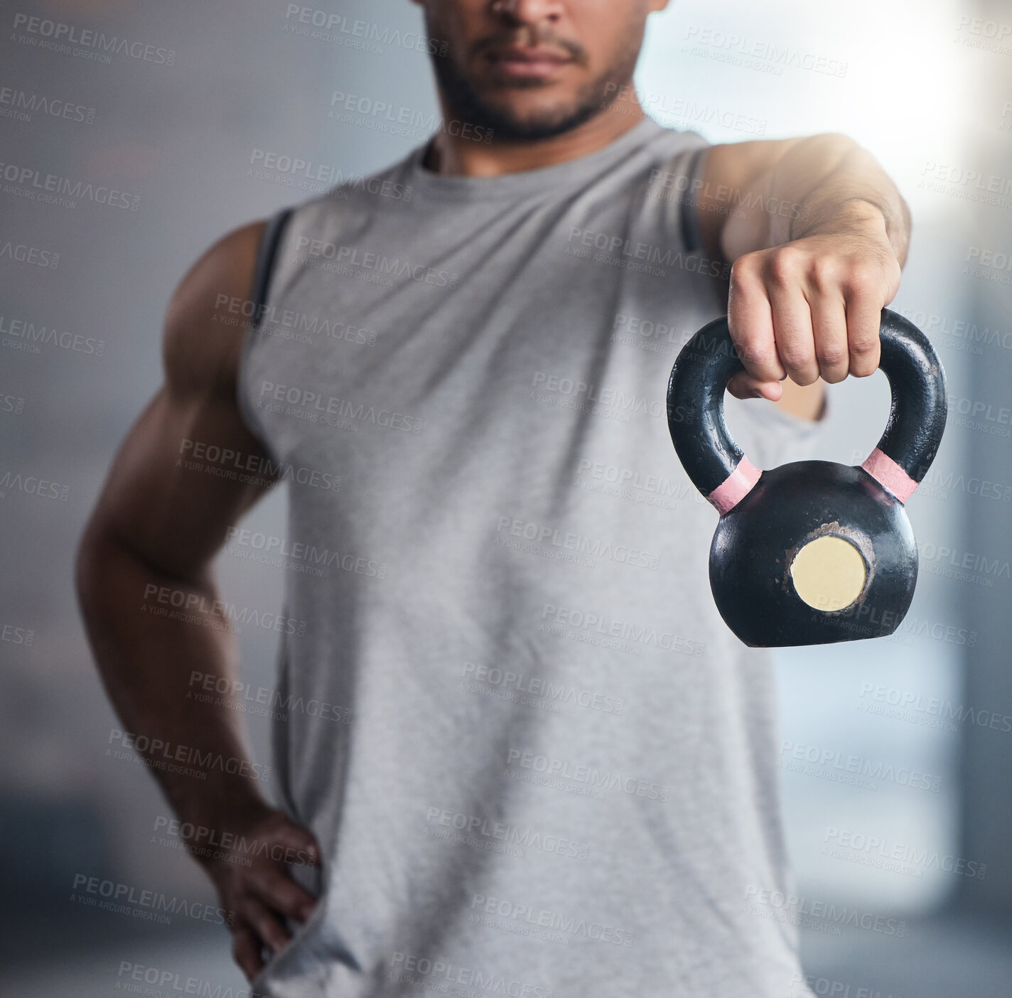 Buy stock photo Fitness, exercise and man with kettlebell for weight training and workout for health and wellness at gym. Hand of strong athlete or bodybuilder with metal for healthy lifestyle and muscle motivation