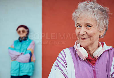 Buy stock photo Music, hip hop and senior women with street style, urban smile and 5g headphones in the city. Pride, happy and face portrait of an elderly lady in retirement streaming radio audio for happiness