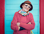 Happy, portrait and urban elderly woman on pension, retirement and holiday walk break with sunglasses. Relax, travel and happiness of senior person with smile ready to explore the city on vacation.