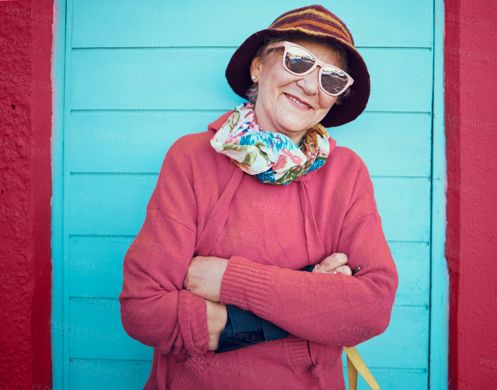Buy stock photo Happy, portrait and urban elderly woman on pension, retirement and holiday walk break with sunglasses. Relax, travel and happiness of senior person with smile ready to explore the city on vacation.