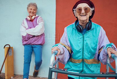 Buy stock photo Fashion, portrait and senior women with retro hip hop style, vintage clothes or 1980s disco apparel color. Retirement lifestyle, elderly recreational activity and friends with designer rap aesthetic