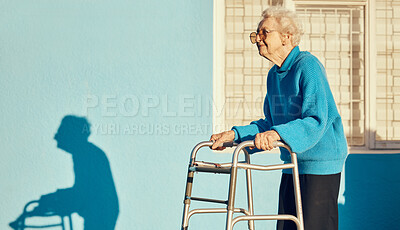 Buy stock photo Senior, walker and woman in a city with a disability, osteoporosis or arthritis walking with wall mockup. Relax fitness from leg rehabilitation after surgery with a elderly female walk for health