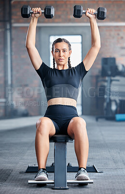 Buy stock photo Fitness, workout and woman with dumbbells in gym training for healthcare alone. Portrait, sports and female bodybuilder or athlete weightlifting for muscle strength, power or energy at fitness center