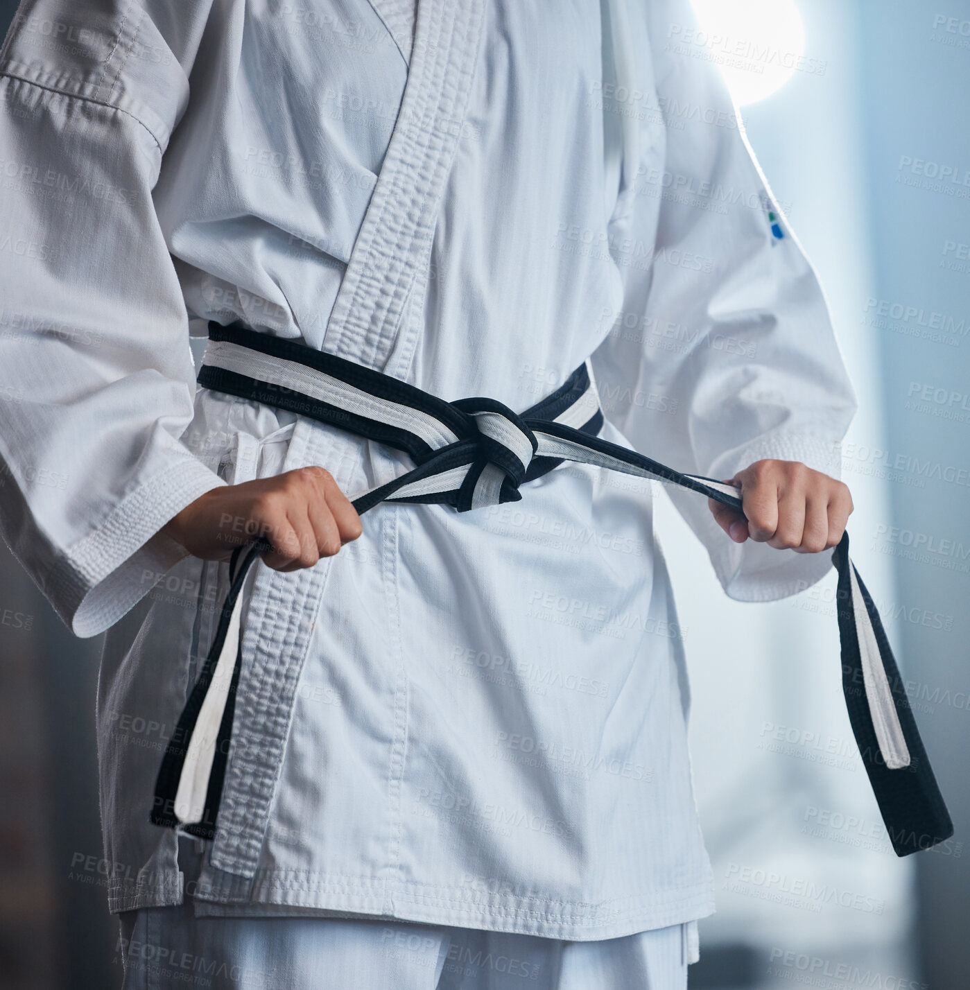 Buy stock photo Karate, fitness and fighter with martial arts in the gym, sports motivation with black belt and defense training. Health, wellness and exercise with taekwondo and strong, power and active.