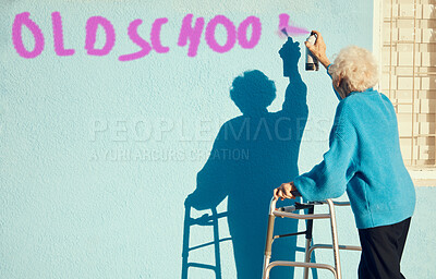 Buy stock photo Senior woman, graffiti and wall with spray paint for street art in city, town or metro in retirement. Elderly rebel, painting or pop art in urban outdoor with vandalism, spray or painting in sunshine