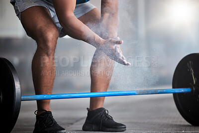 Buy stock photo Strong man, powder hands and barbell exercise, challenge and workout in gym, fitness club and body muscle. Closeup of bodybuilder, chalk and weightlifting, grip and training, performance and power 