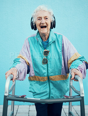 Buy stock photo Fashion, headphones and portrait of senior woman with walking frame and vintage 1980s clothes. Retirement, elderly and happy female in retro, cool or designer jacket streaming music, radio or podcast