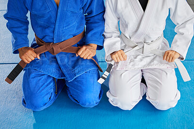 Buy stock photo Karate, hands and belt with a sensei and student kneeling on a floor mat in a dojo or gym for fight class. Team, fitness and learning with a coach and fighter training in a health club together
