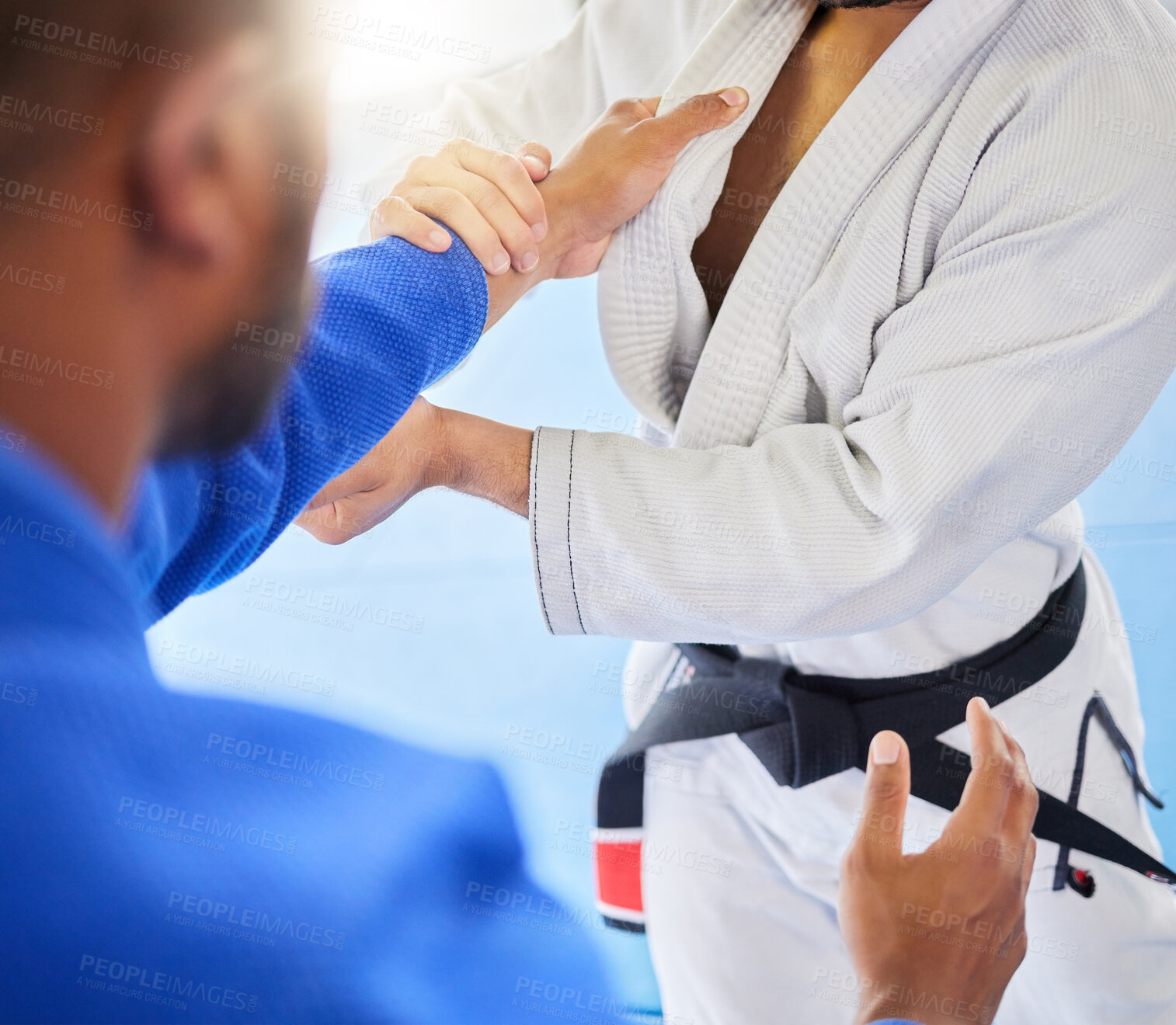 Buy stock photo Man, closeup and karate training fight in gym, dojo and combat sport for exercise. Man, self defence and workout with black belt sensei at fitness club for body health, balance or martial arts sports