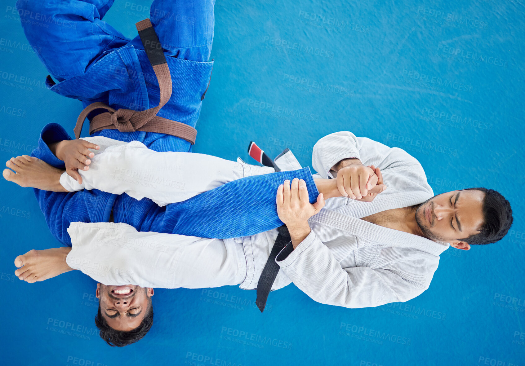 Buy stock photo Top view, karate and men training for competition, fitness and fighting for match, wellness or health. Mma, healthy males or practice for game, martial arts and exercise for workout, power or routine