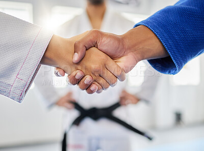 Buy stock photo Handshake, karate and sports with a man and woman fighter shaking hands in a gym, club or dojo. Fitness, exercise and thank you with a male and female athlete showing sportsmanship before a fight
